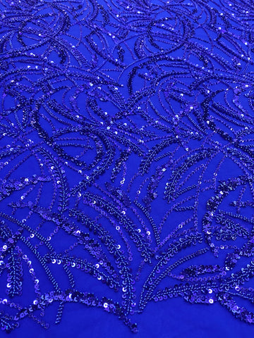 Dantela Couture Albastru Royal cu Model Geometric, Margele si Paiete