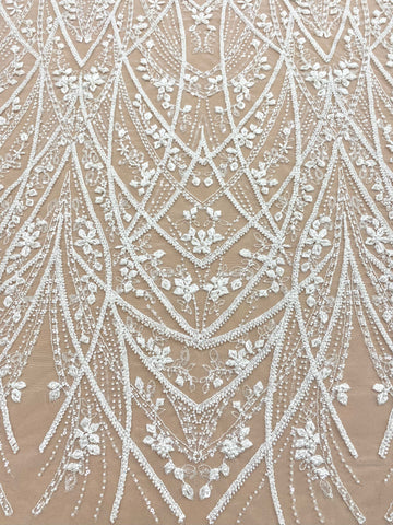 Dantela Couture Ivory cu Model Geometric, cu Perle, Margele si Paiete