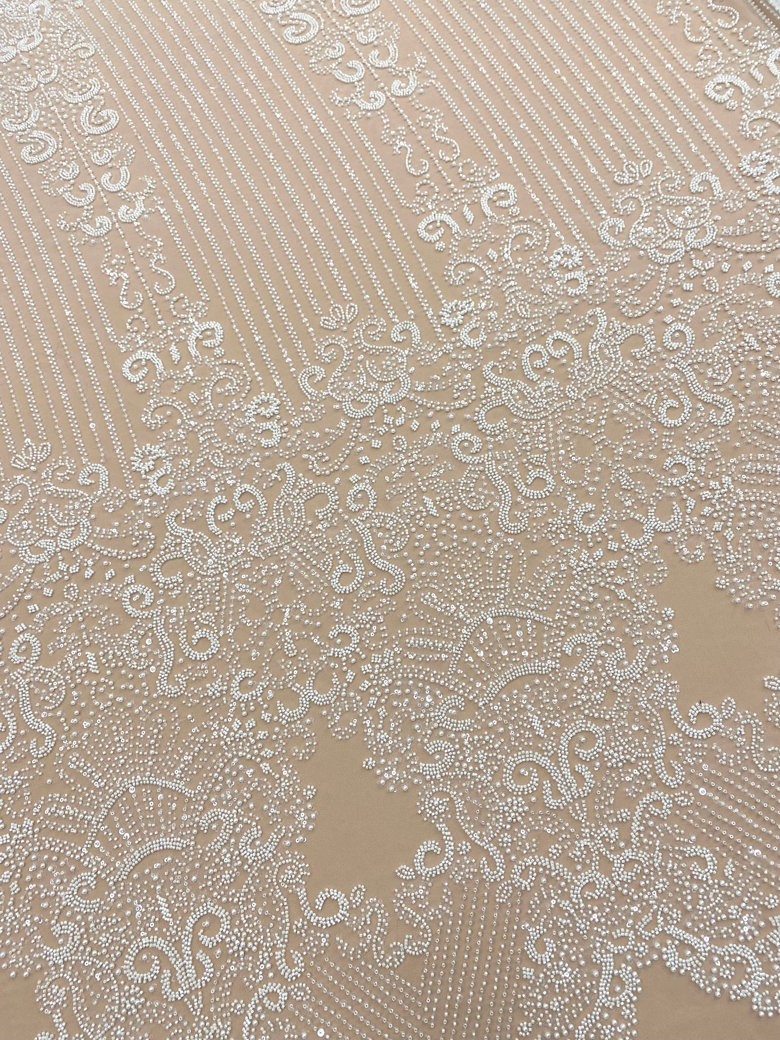 Dantela Couture Ivory cu Model Geometric, cu Perle, Margele si Paiete