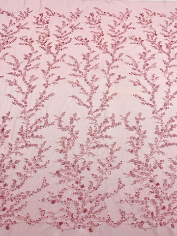 Dantela Couture Roz cu Model Floral, cu Margele si Paiete