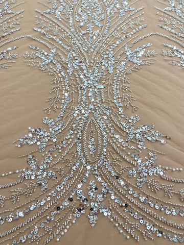 Dantela Couture Argintie cu Tulle Nude cu Panou, cu Perle, Margele si Paiete