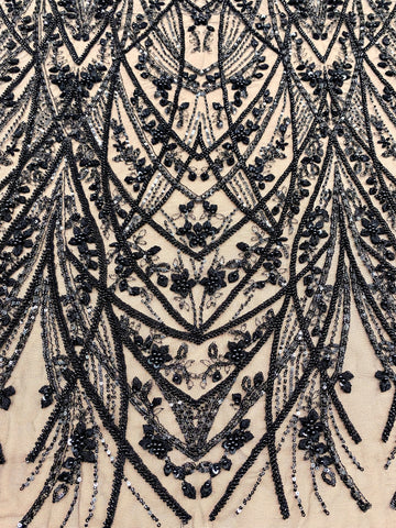 Dantela Couture Neagra cu Model Geometric, cu Perle, Margele si Paiete
