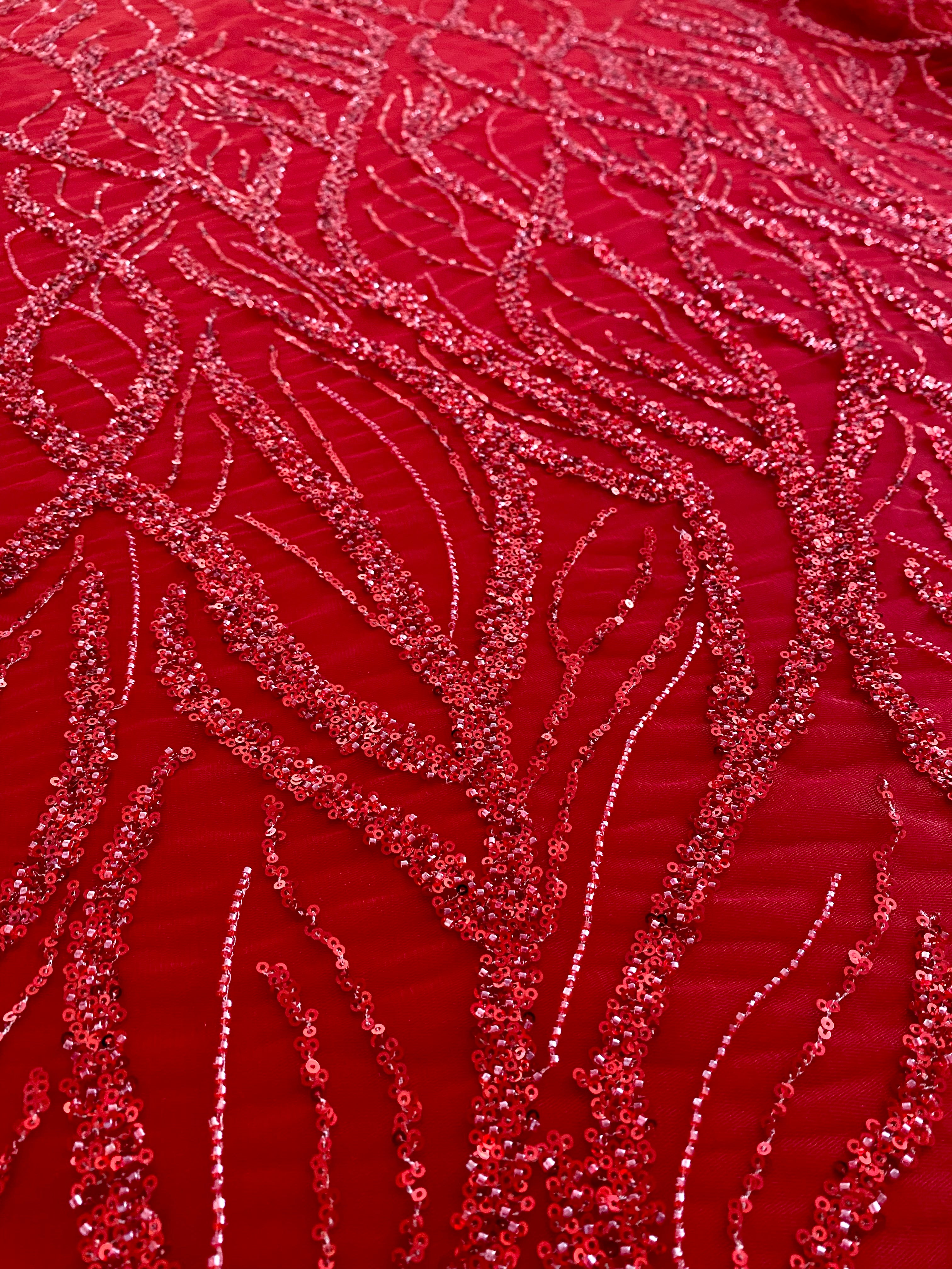 Red Couture Lace with Beads, Beads and Sequins