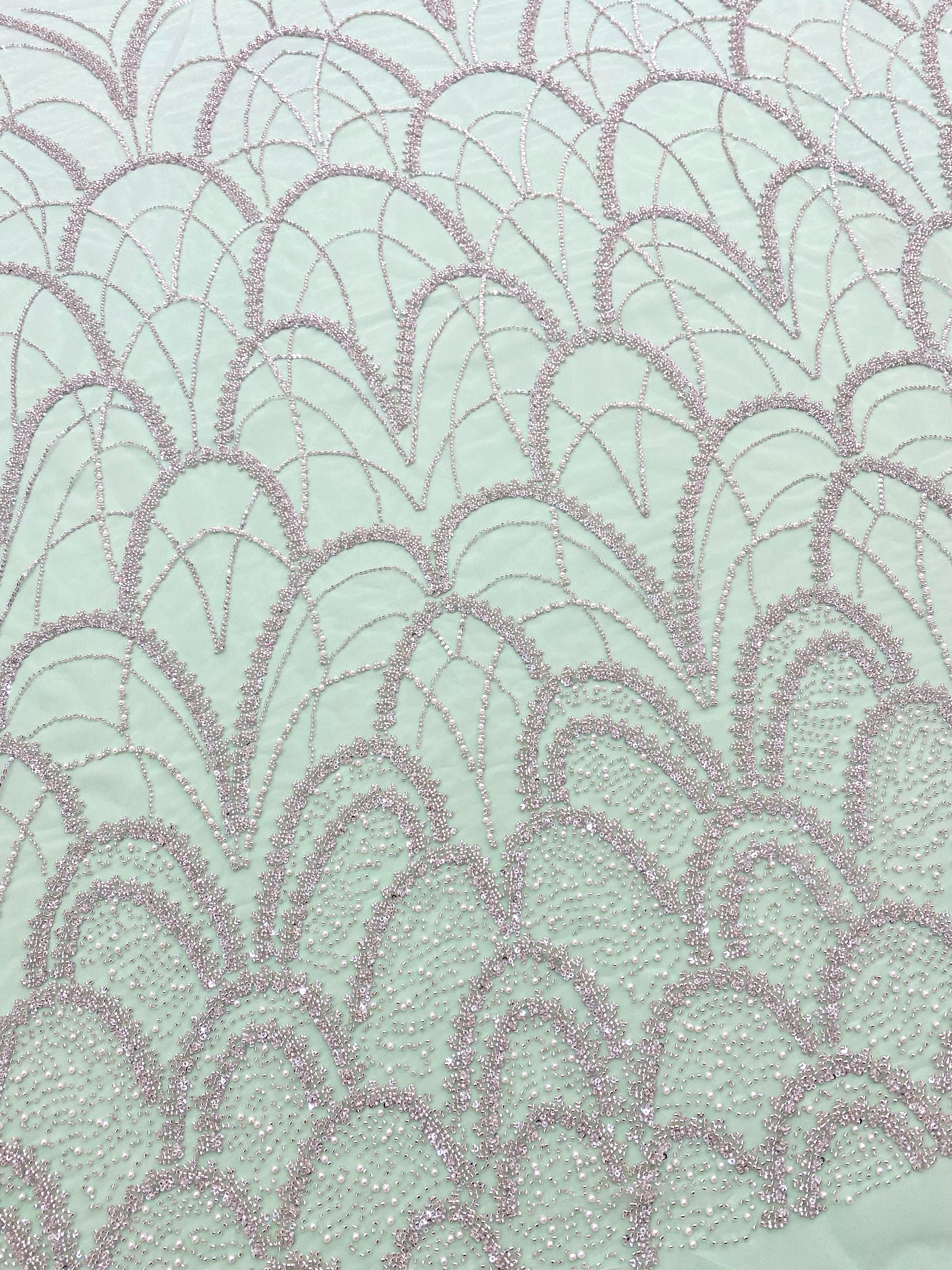 Dantela Couture Argintie pe Tulle Verde Menta cu Model Geometric, cu Perle, Margele si Paiete