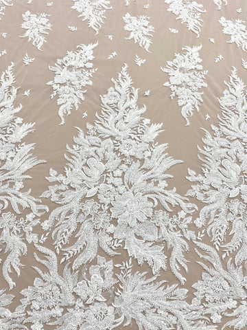 Dantela Couture Ivory cu Model Floral, cu Perle si Paiete