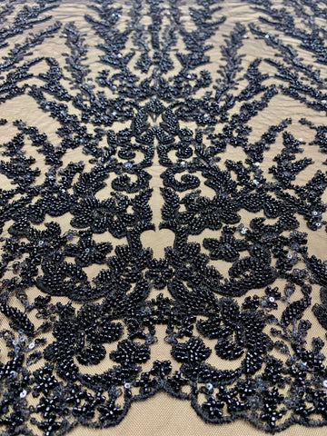 Dantela Couture Neagra cu Model Geometric, cu Margele si Paiete