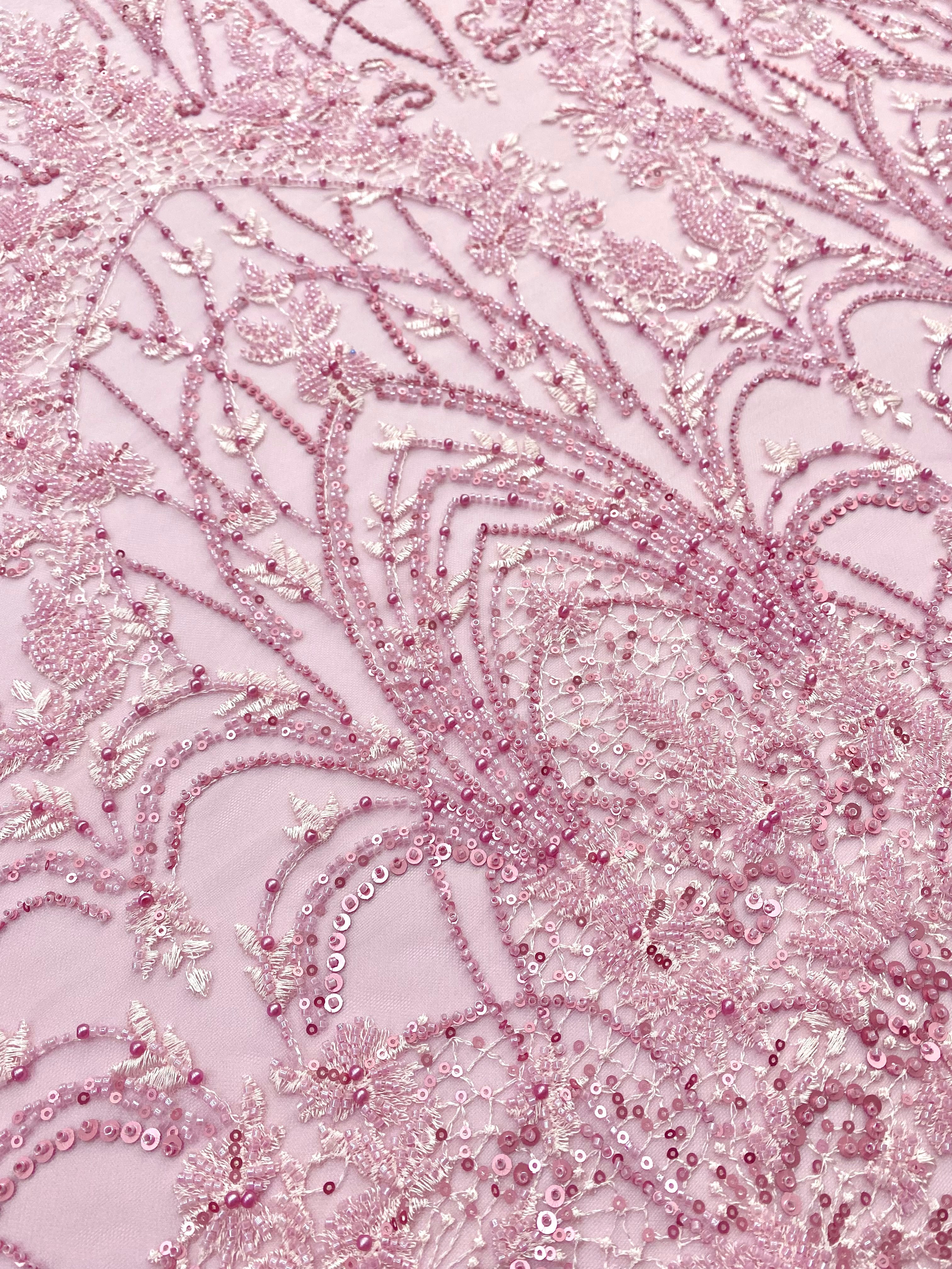 Dantela Couture Roz cu Model Geometric, cu Perle, Margele si Paiete