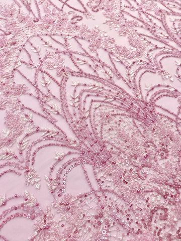 Dantela Couture Roz cu Model Geometric, cu Perle, Margele si Paiete