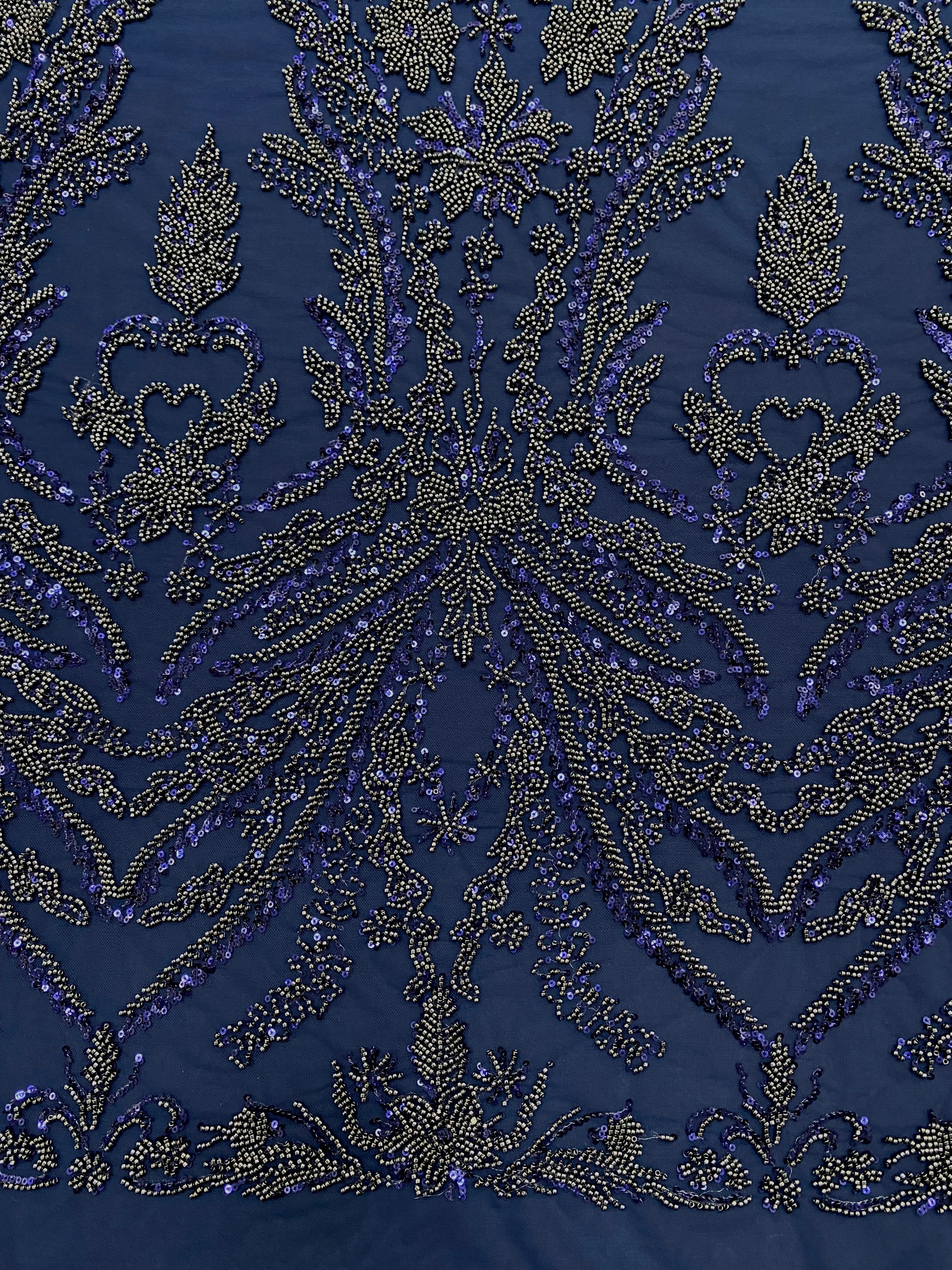 Dantela Couture Bleumarin cu Model Floral, cu Margele si Paiete