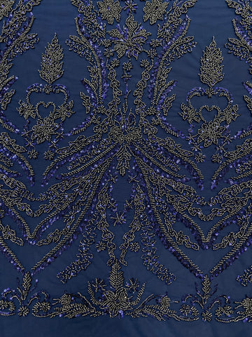 Dantela Couture Bleumarin cu Model Floral, cu Margele si Paiete