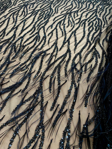 Dantela Couture Neagra cu Pene de Strut, cu Siraguri, cu Margele si Paiete