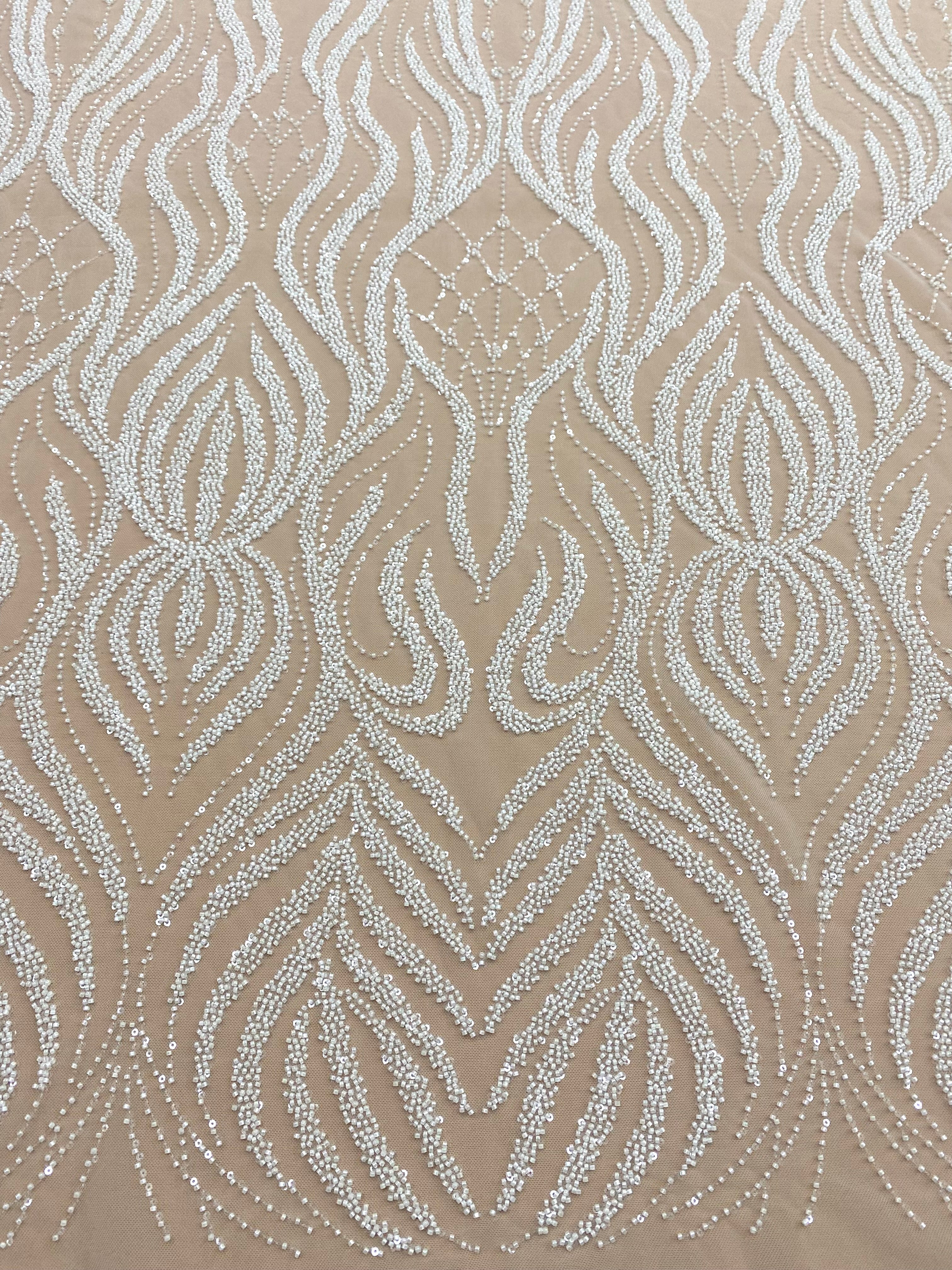 Dantela Couture Ivory cu Model Geometric, cu Margele si Paiete