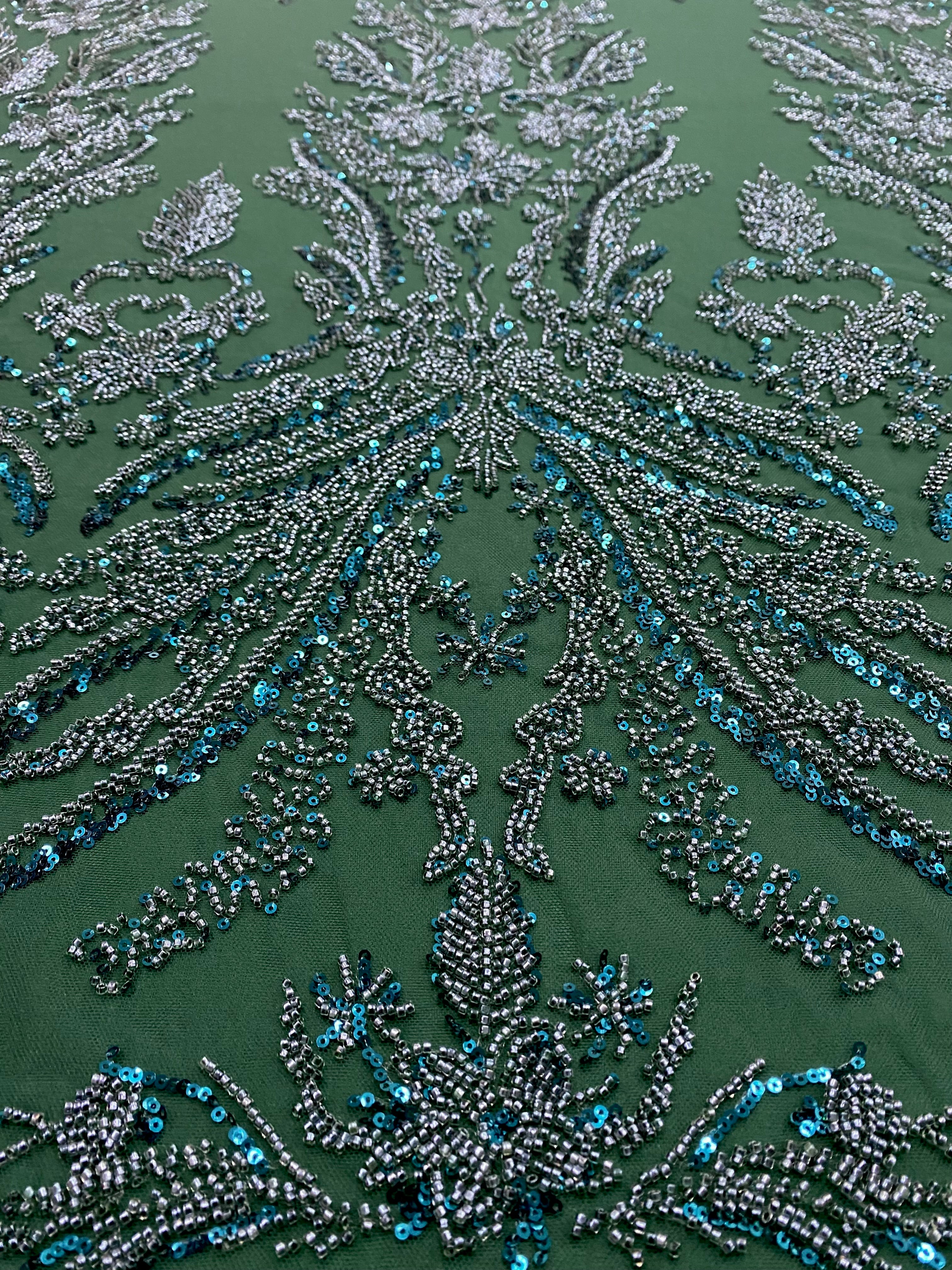 Dantela Couture Verde Smarald cu Model Floral, cu Margele si Paiete