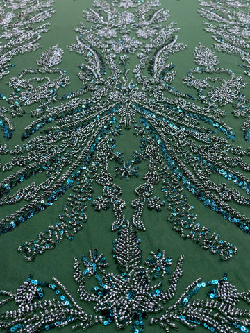 Dantela Couture Verde Smarald cu Model Floral, cu Margele si Paiete