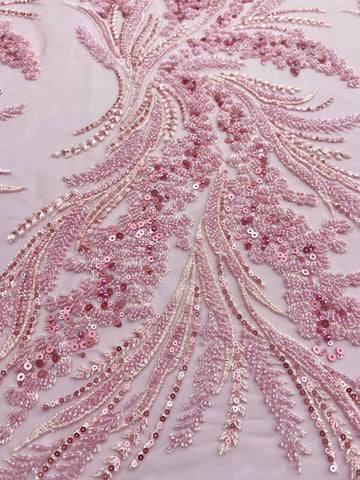 Dantela Couture Roz cu Model Floral cu Perle, Margele si Paiete