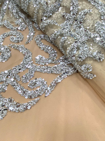 Dantela Couture Argintie pe Tulle Nude cu Margele si Paiete