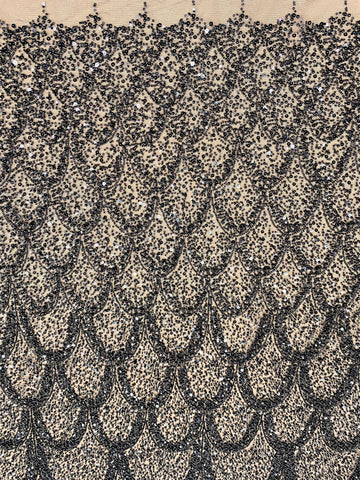 Dantela Couture Neagra cu Model Geometric, cu Perle, Margele si Paiete