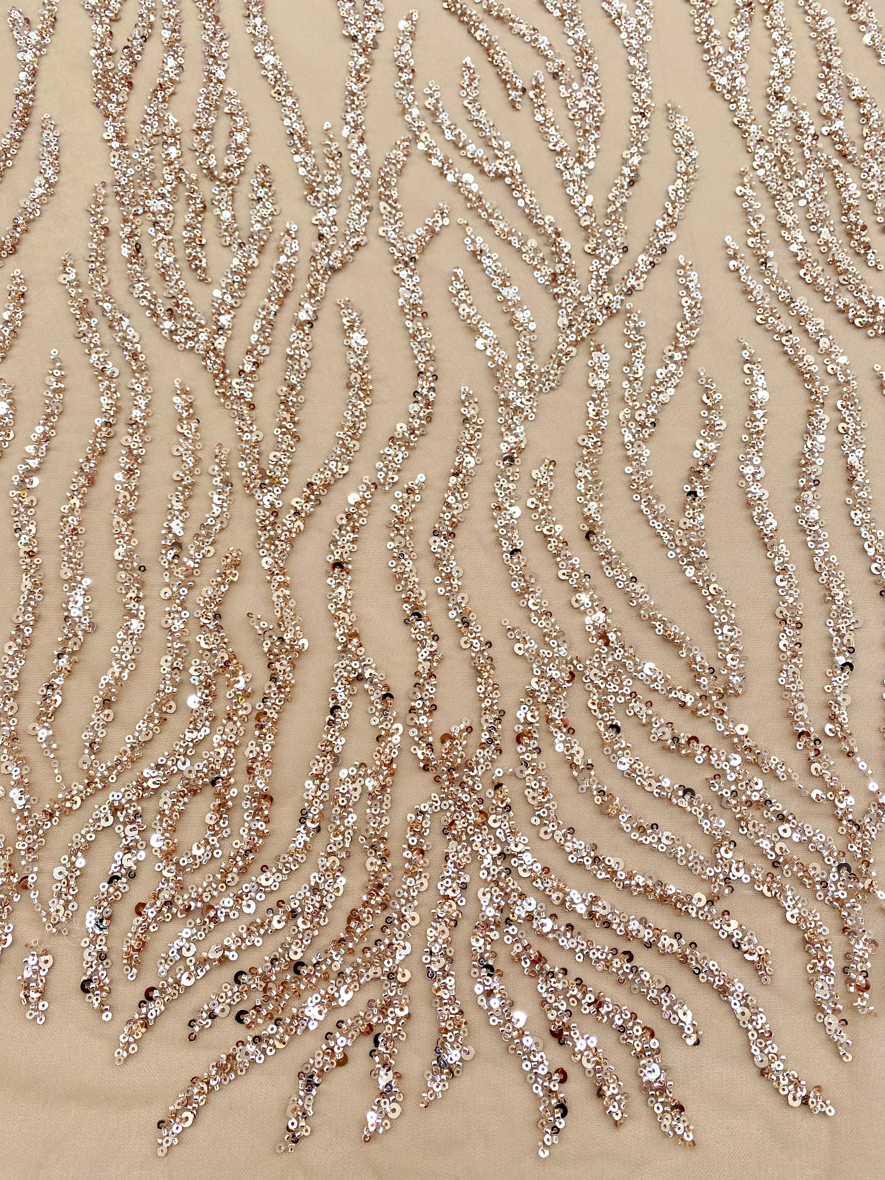 Dantela Couture Auriu Rose cu Siraguri, cu Margele si Paiete