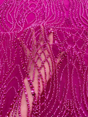 Dantela Couture Fucsia cu Perle, Margele si Paiete