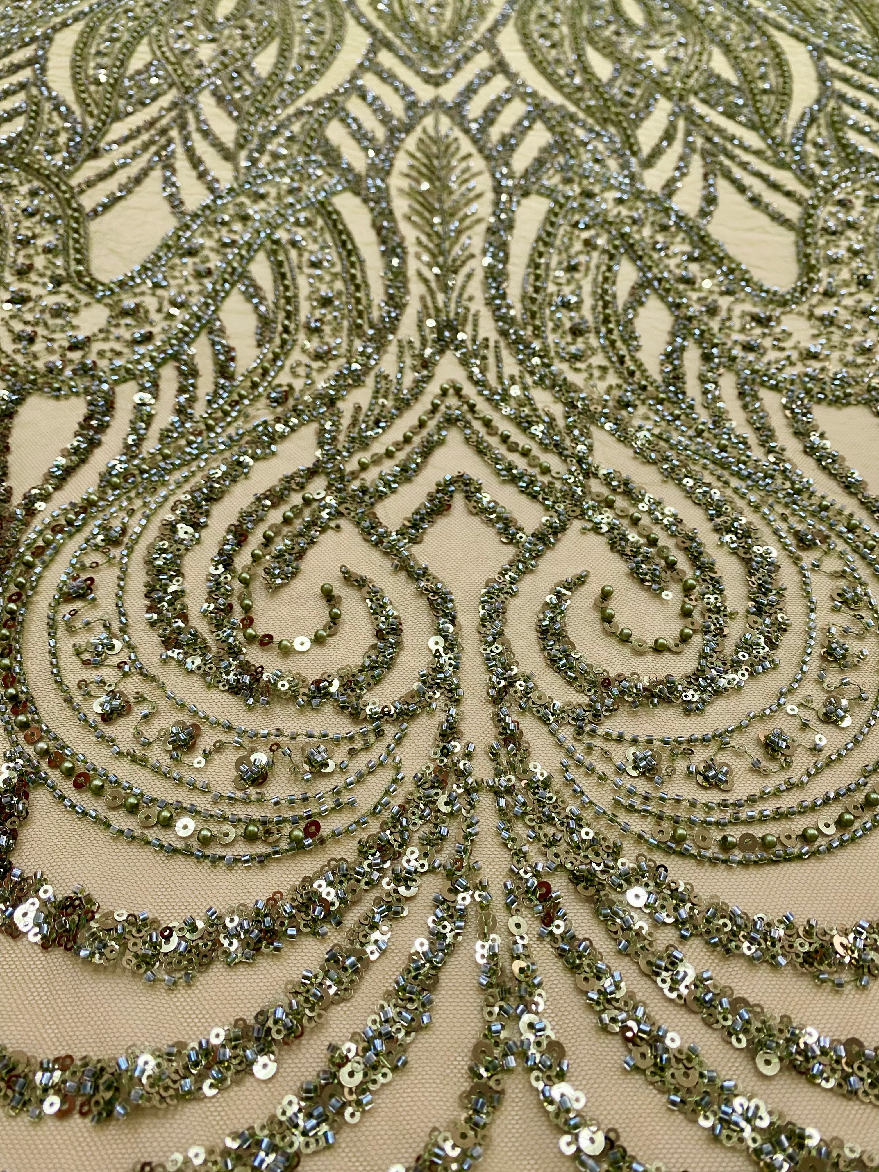 Dantela Couture Olive cu Model Simetric, cu Perle, Margele si Paiete
