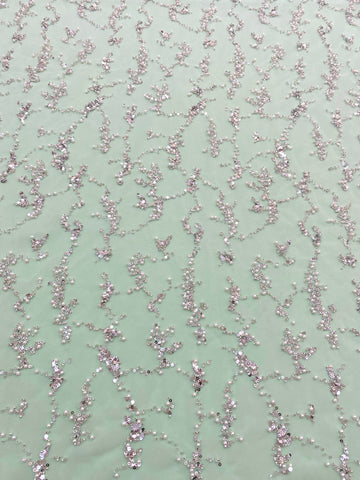 Dantela Couture Argintie pe Tulle Verde Menta cu Perle, Margele si Paiete