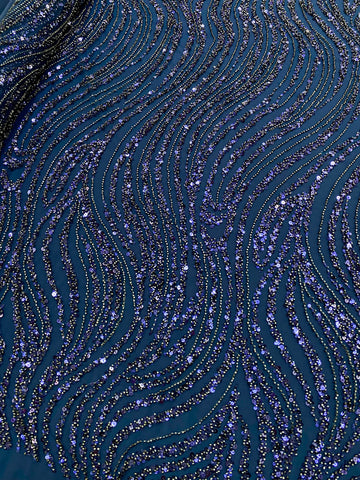 Dantela Couture Bleumarin cu Model Liniar, cu Margele si Paiete