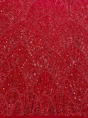 Dantela Couture Rosie cu Model Geometric, cu Perle, Margele si Paiete