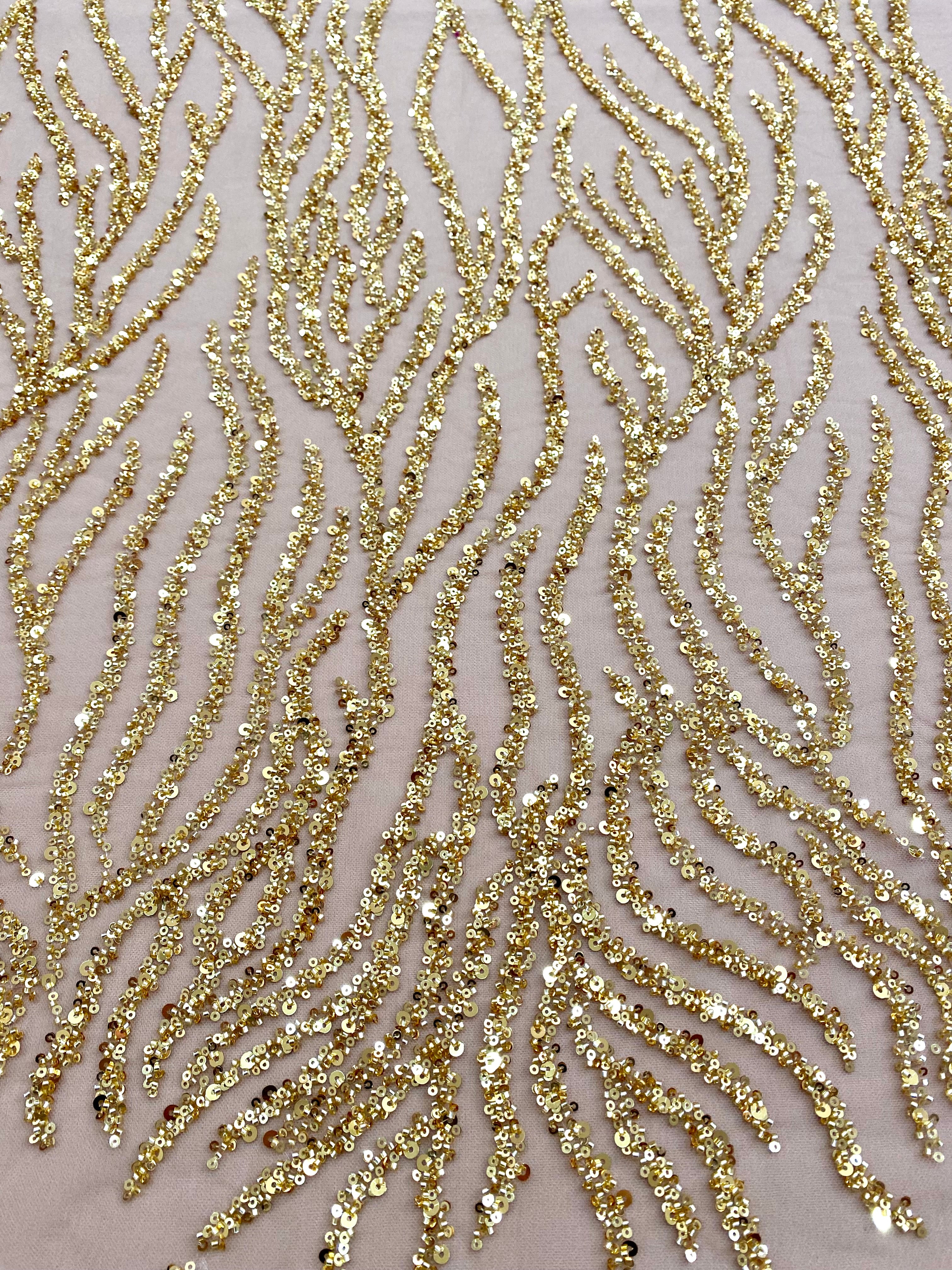 Dantela Couture Aurie cu Siraguri, cu Margele si Paiete