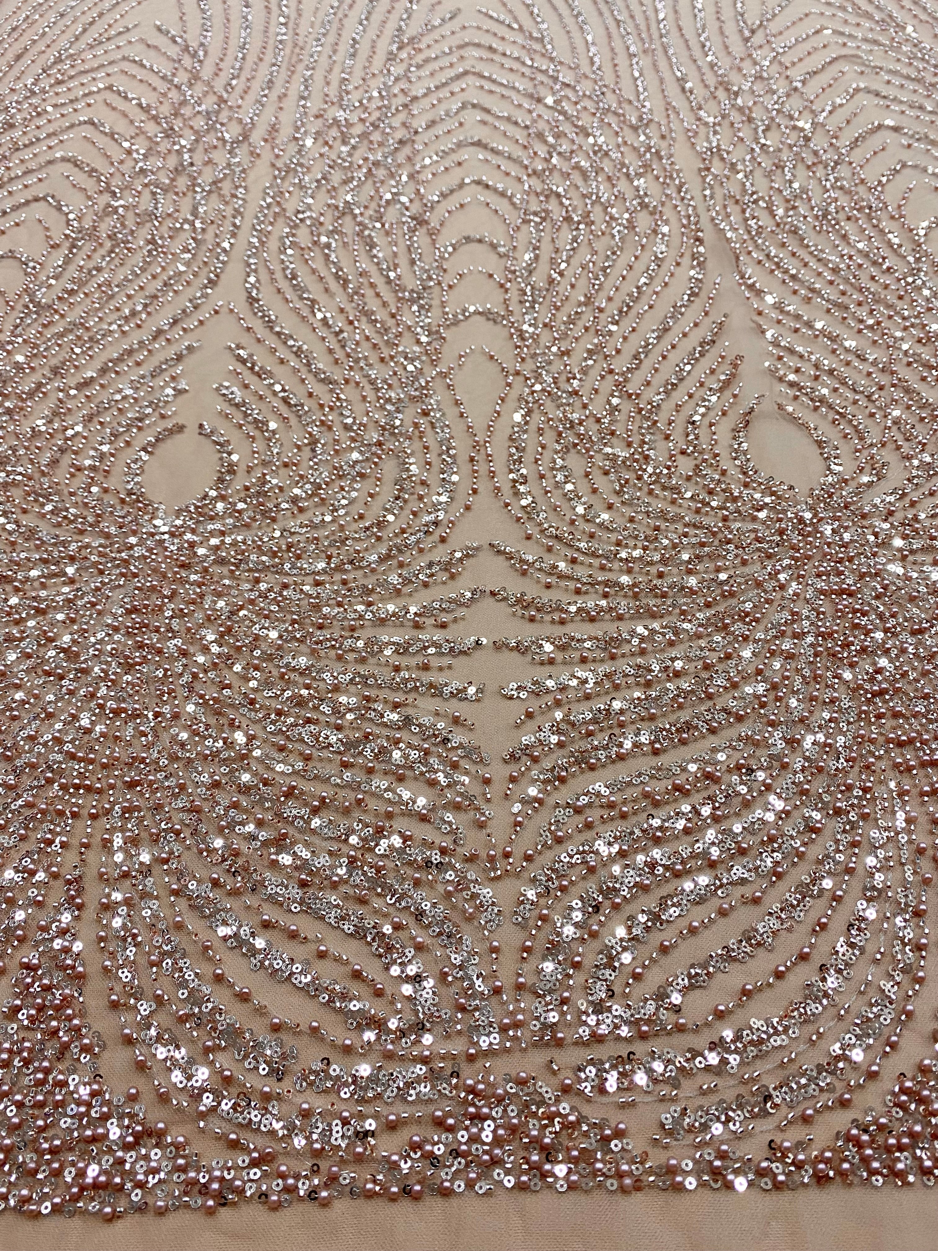Dantela Couture Auriu Rose cu Panou, cu Perle, Margele si Paiete
