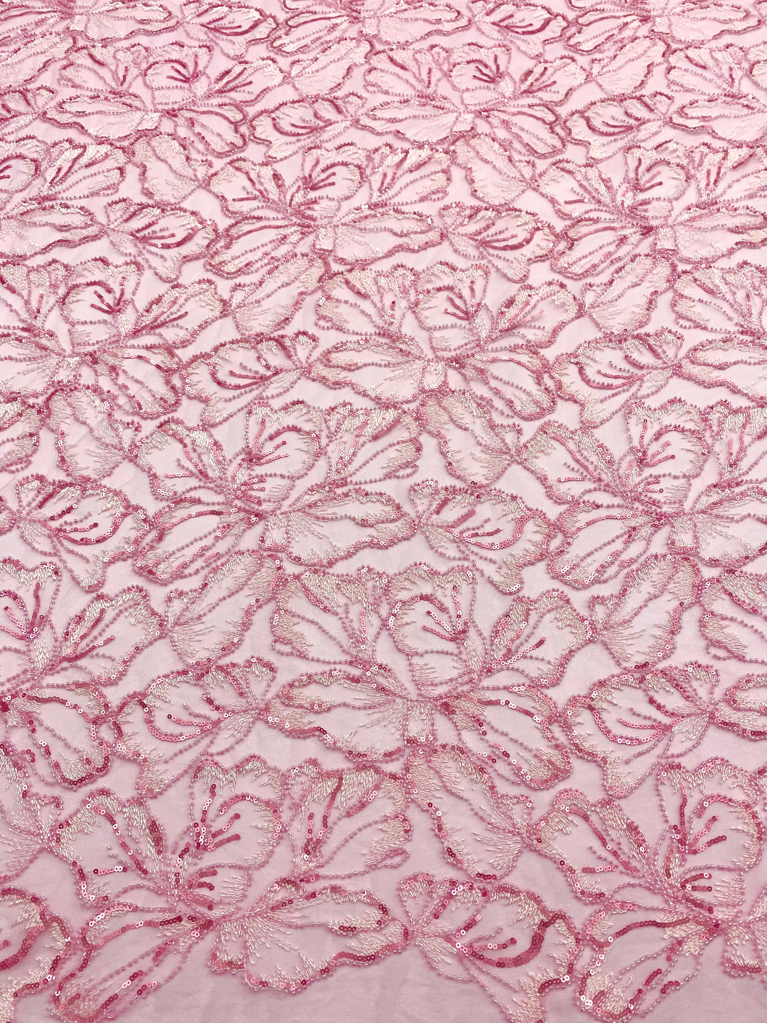 Dantela Couture Roz cu Model Floral, cu Margele si Paiete