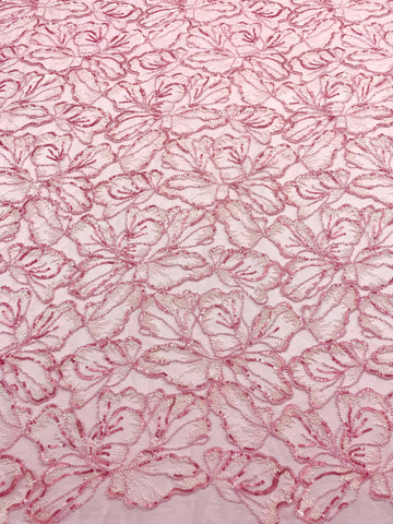 Dantela Couture Roz cu Model Floral, cu Margele si Paiete