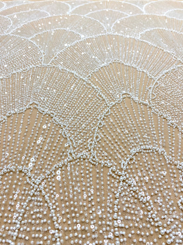 Dantela Couture Ivory cu Tulle Nude cu Model Geometric, cu Perle, Margele si Paiete