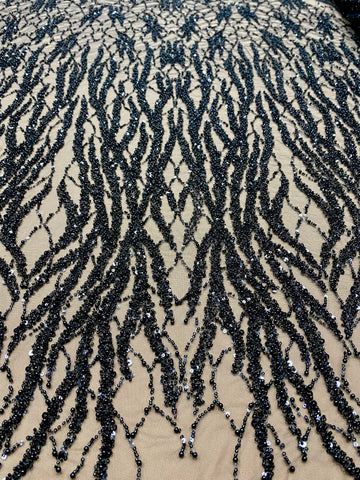 Dantela Couture Neagra cu Siraguri, cu Perle, Margele si Paiete