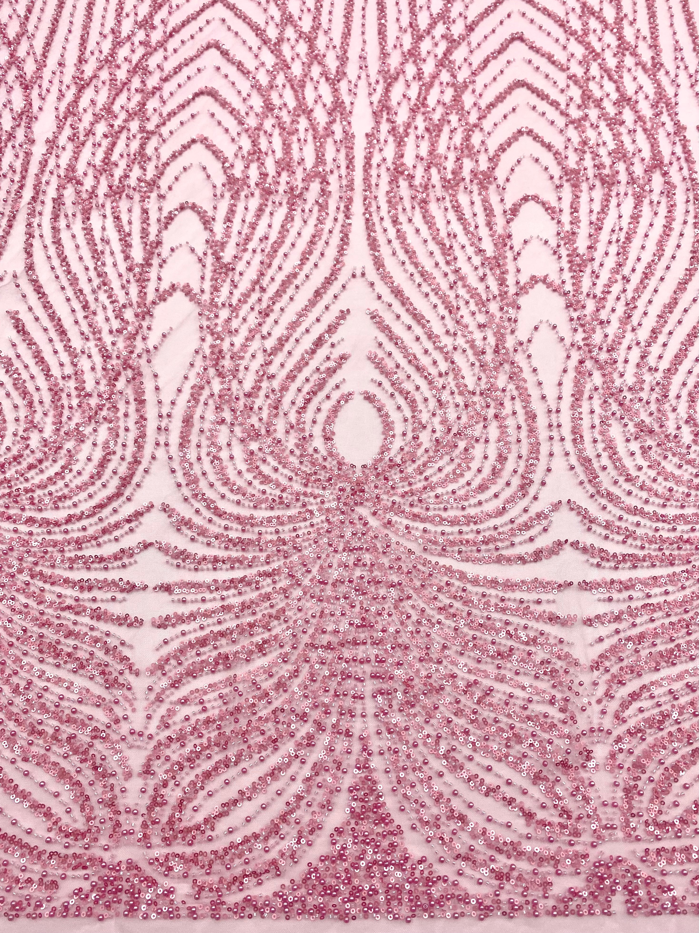 Dantela Couture Roz cu Panou, cu Perle, Margele si Paiete