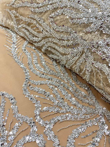 Dantela Couture Argintie pe Tulle Nude cu Panou, cu Margele si Paiete