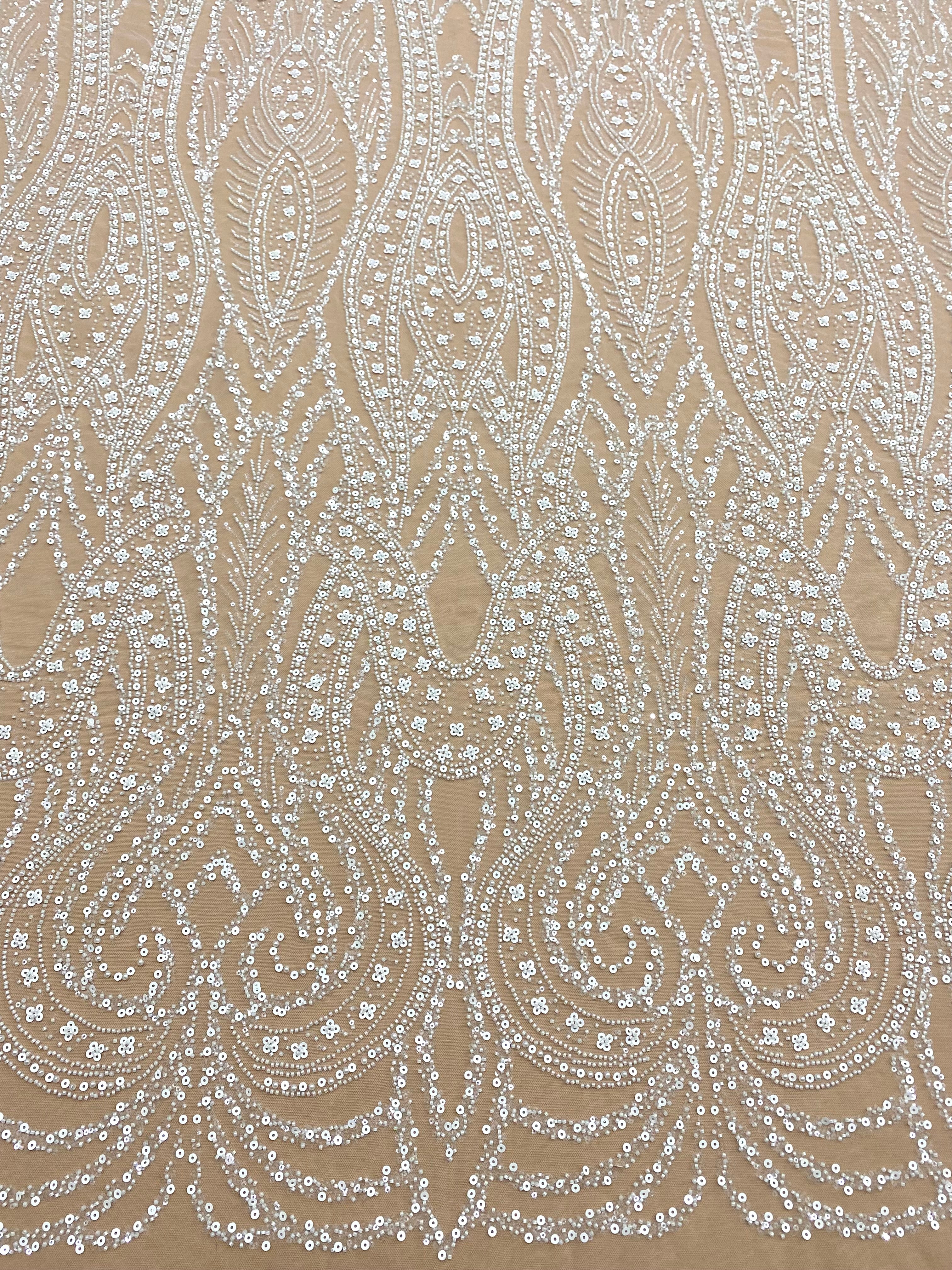 Dantela Couture Ivory cu Model Geometric, cu Perle, Margele si Paiete