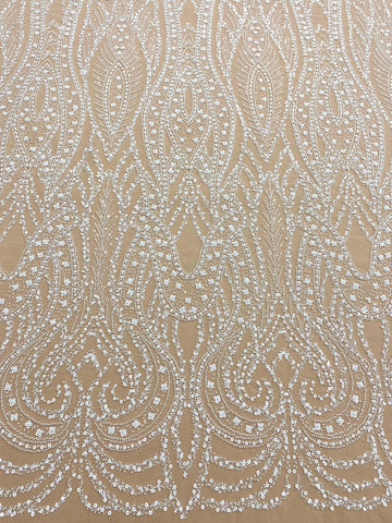 Dantela Couture Ivory cu Model Geometric, cu Perle, Margele si Paiete