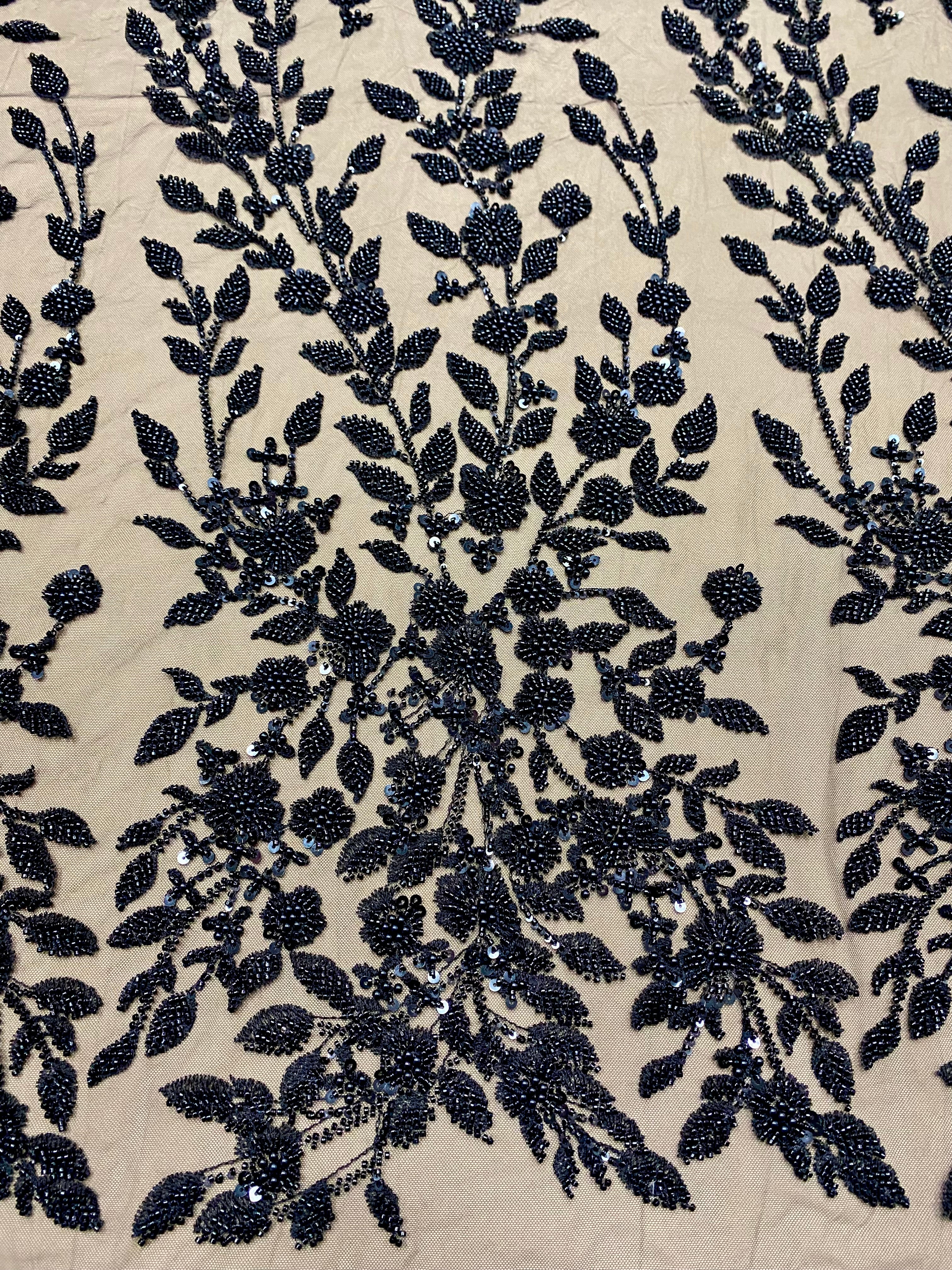 Dantela Couture Neagra cu Model Floral, Perle, Margele si Paiete