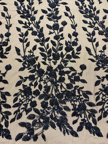 Dantela Couture Neagra cu Model Floral, Perle, Margele si Paiete