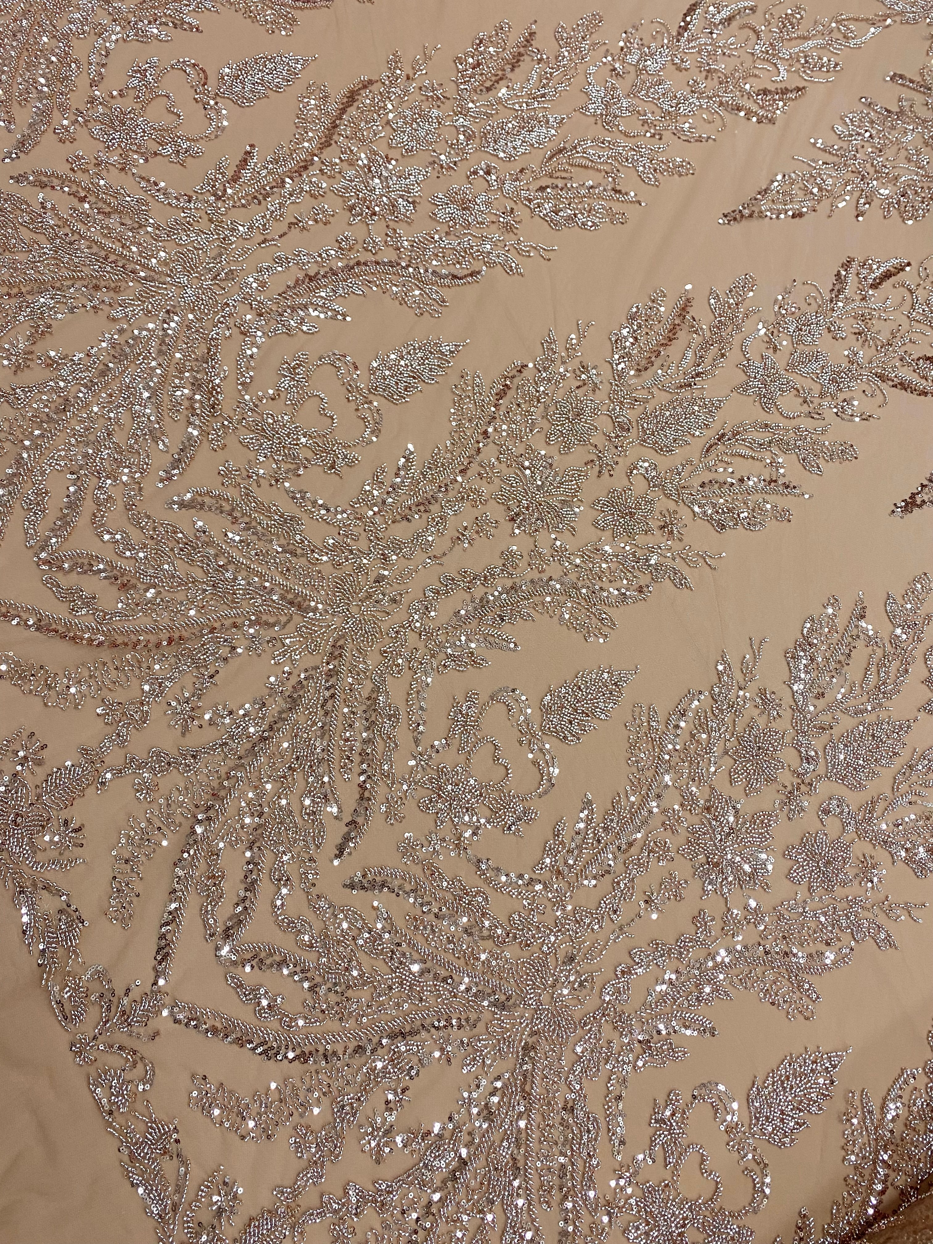 Dantela Couture Auriu Rose cu Model Floral, cu Margele si Paiete