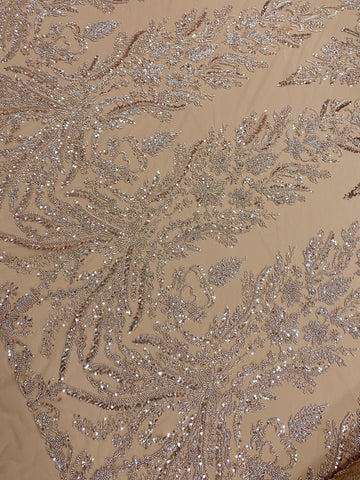 Dantela Couture Auriu Rose cu Model Floral, cu Margele si Paiete