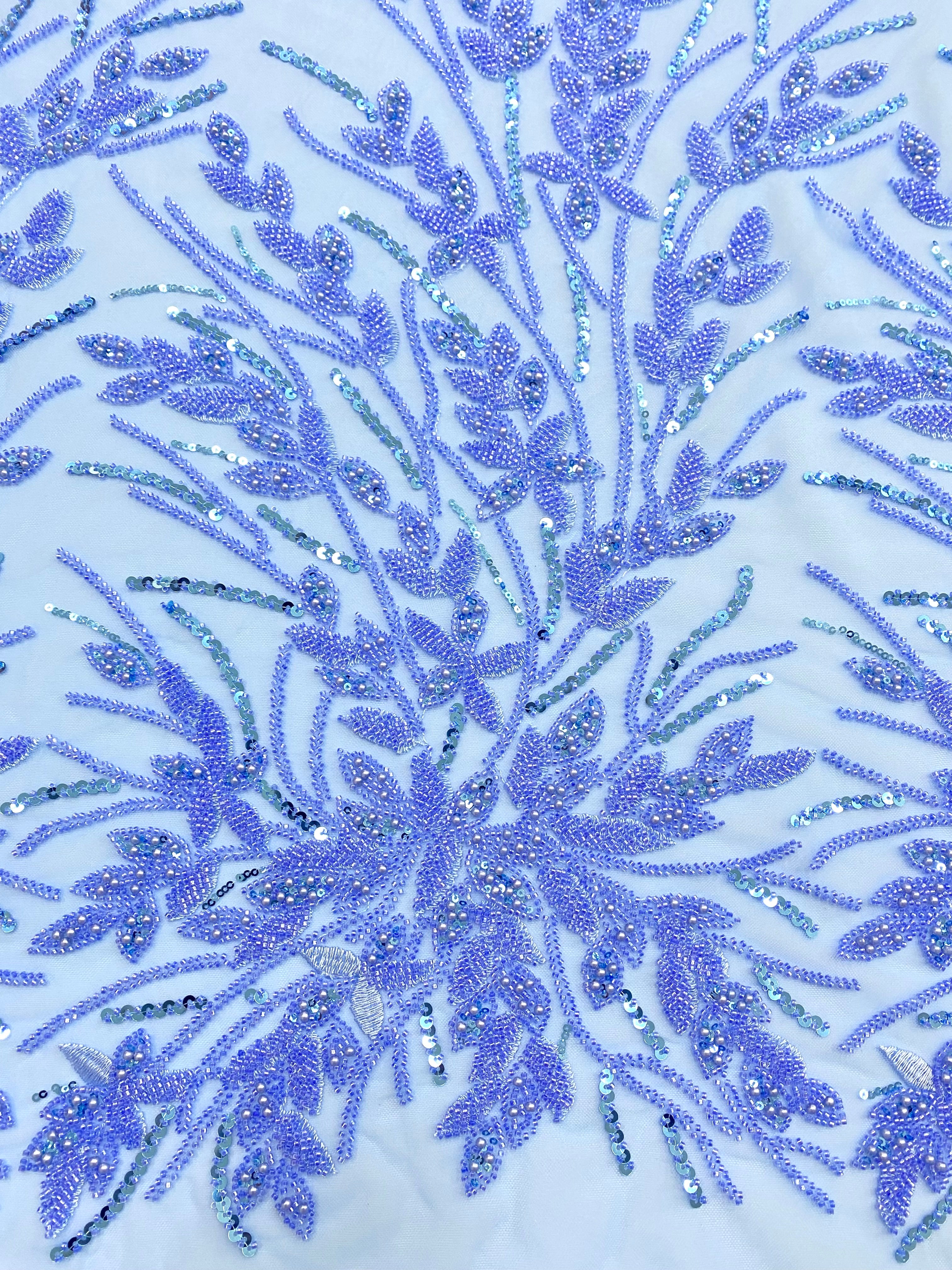 Dantela Couture Sky Blue cu Model Floral, Perle, Margele si Paiete