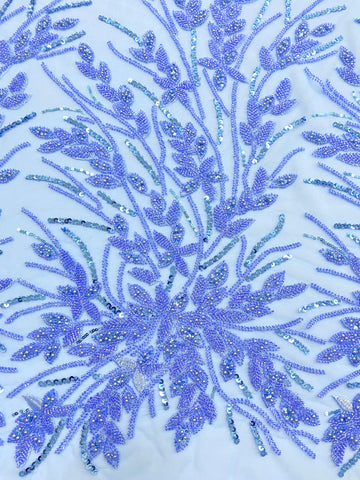 Dantela Couture Sky Blue cu Model Floral, Perle, Margele si Paiete