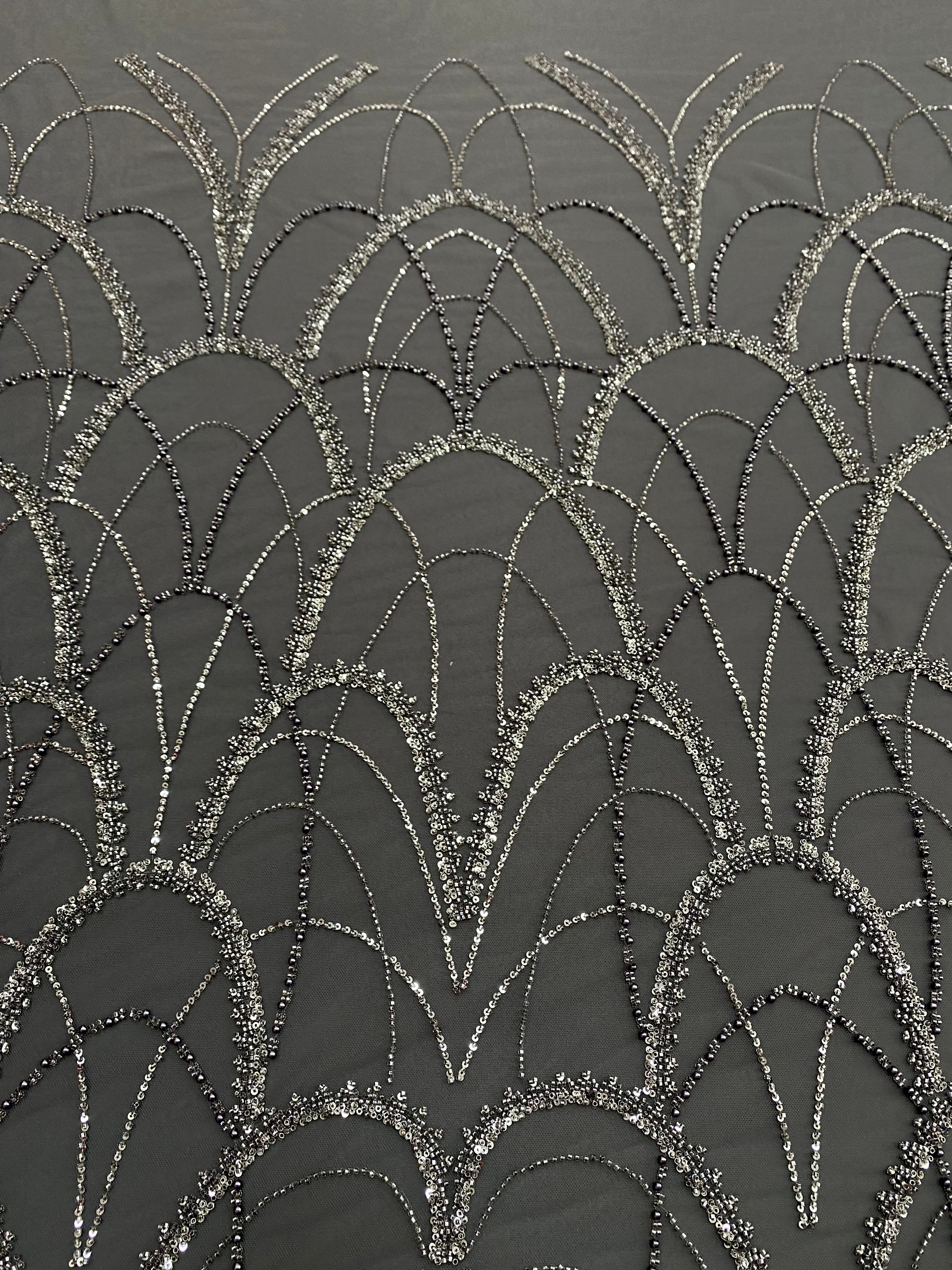 Dantela Couture Gri Antracit cu Model Geometric, cu Perle, Margele si Paiete
