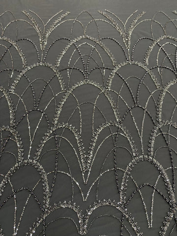Dantela Couture Gri Antracit cu Model Geometric, cu Perle, Margele si Paiete