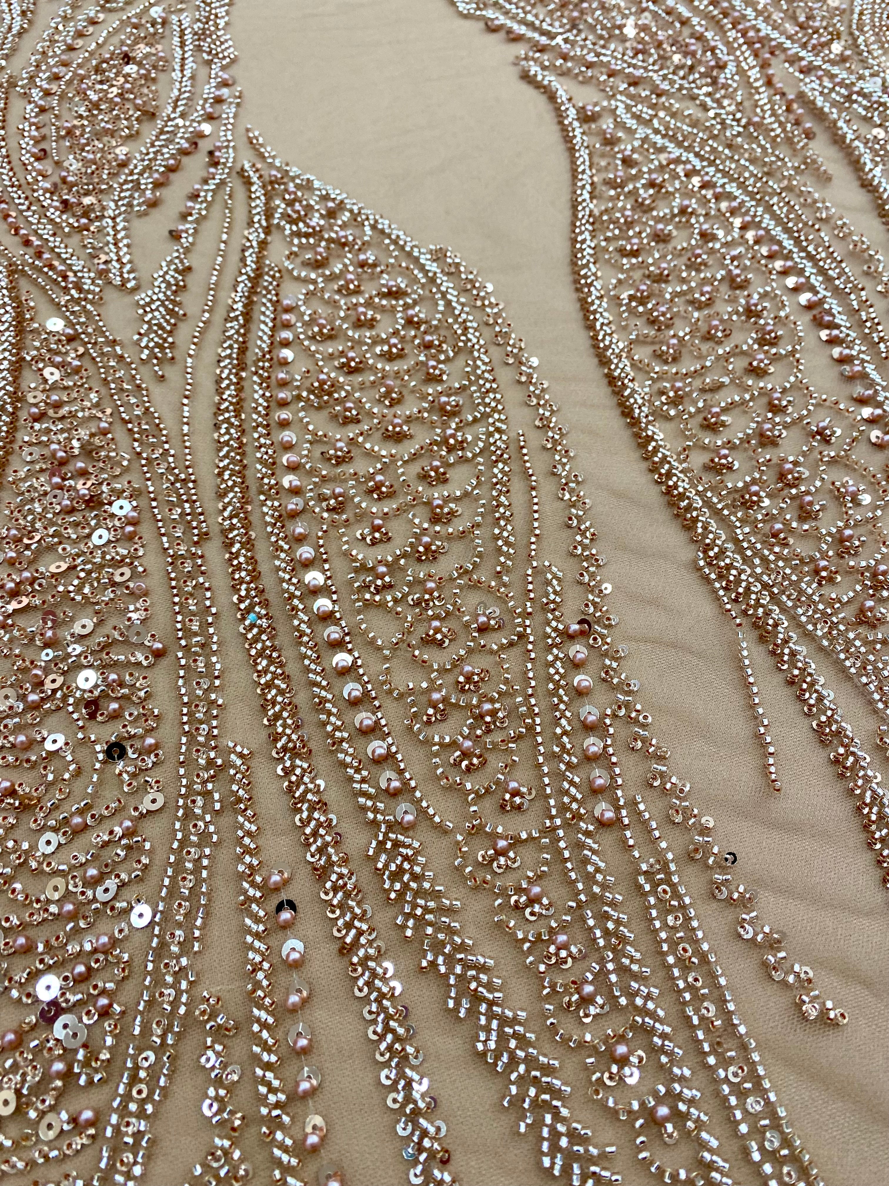 Dantela Couture Auriu Rose cu Panou, cu Perle, Margele si Paiete