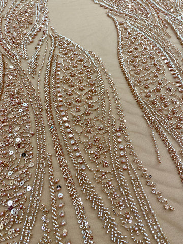 Dantela Couture Auriu Rose cu Panou, cu Perle, Margele si Paiete