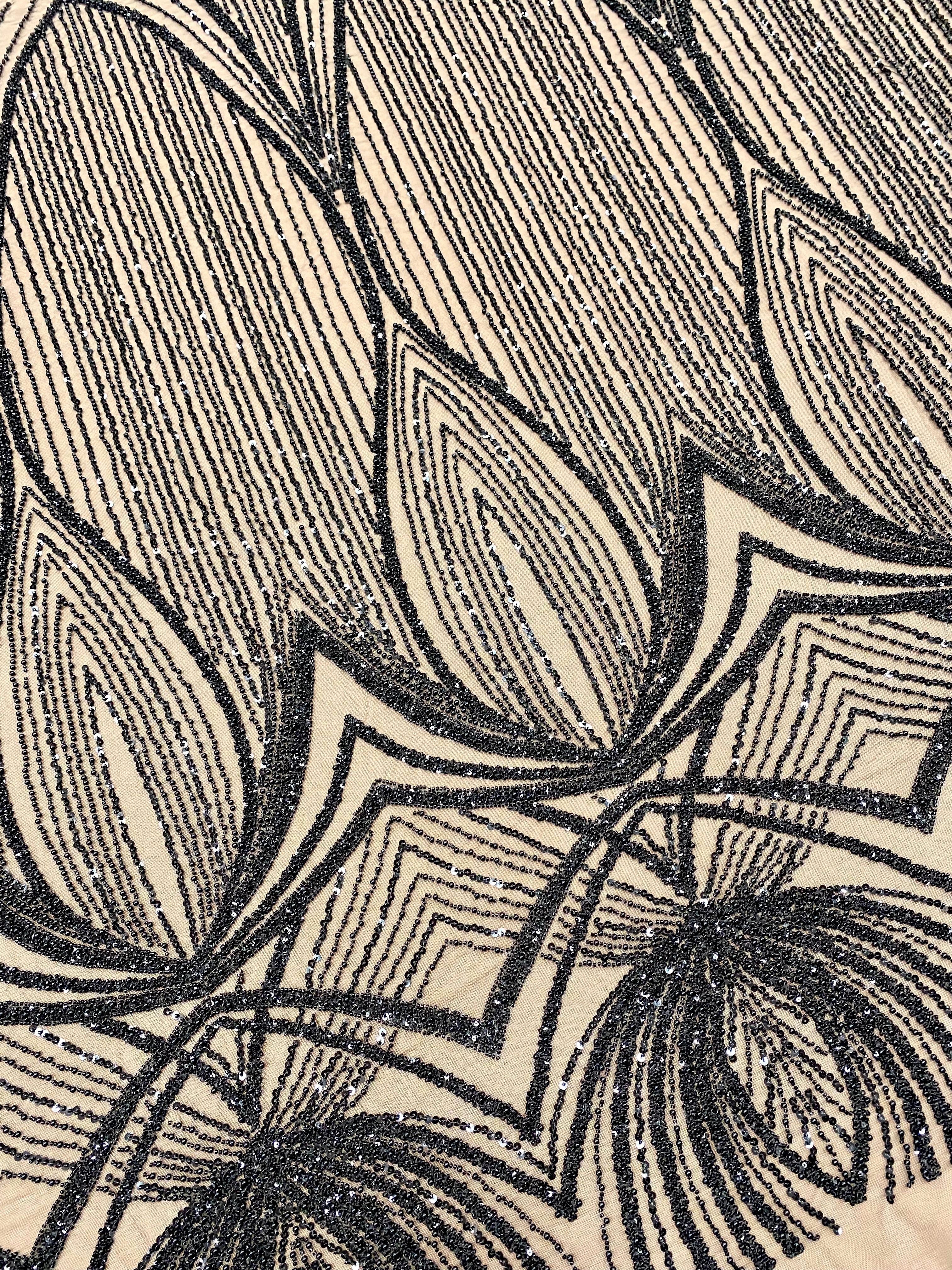 Dantela Couture Neagra cu Model Geometric, cu Perle, Margele si Paiete