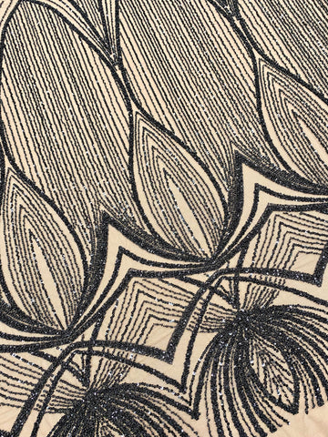 Dantela Couture Neagra cu Model Geometric, cu Perle, Margele si Paiete