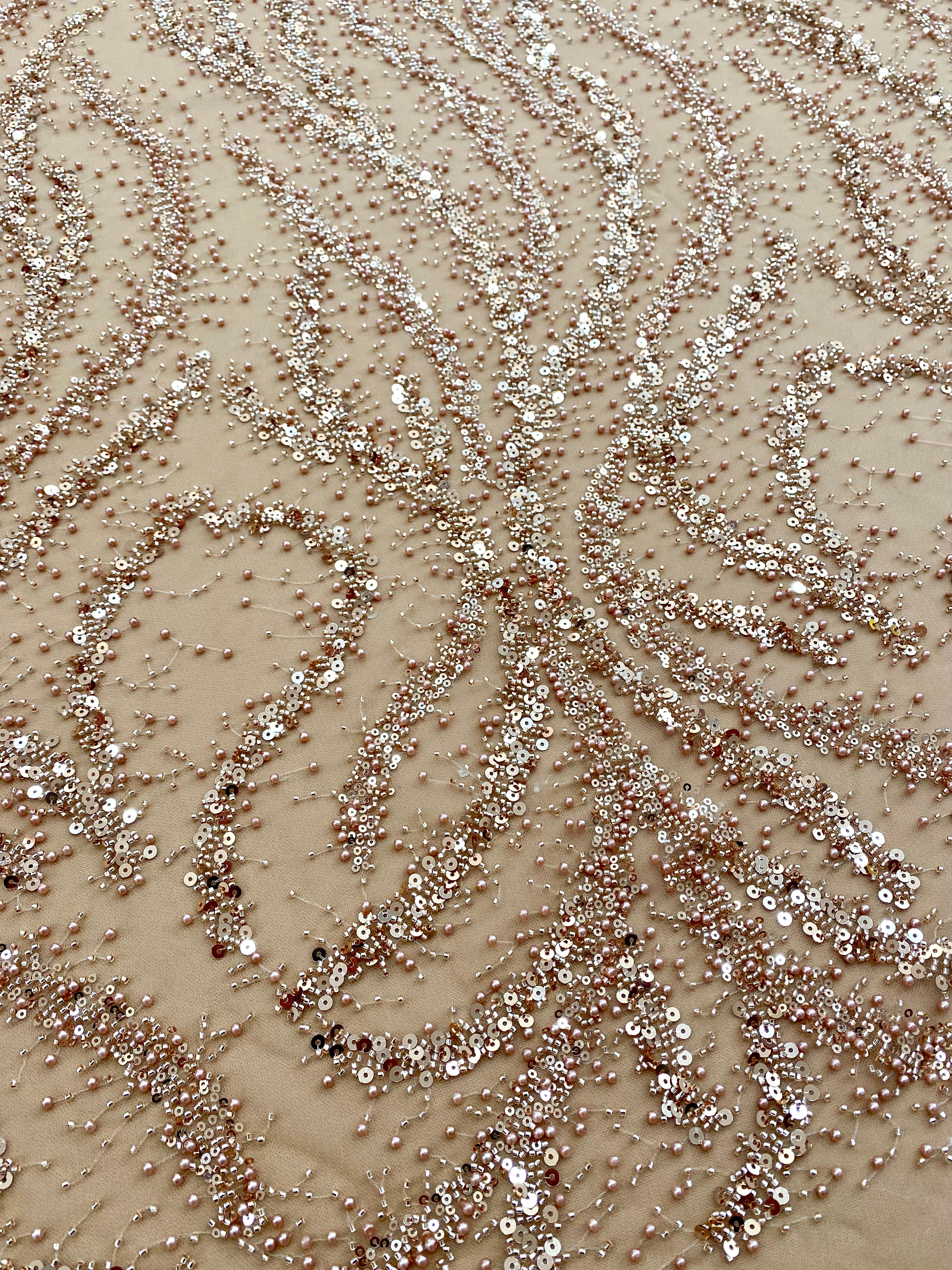 Dantela Couture Auriu Rose cu Perle, Margele si Paiete